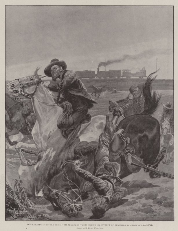 Die Einkesselung der Buren, ein gepanzerter Zug vereitelt einen Versuch der Burghers, die Eisenbahn zu überqueren von Richard Caton Woodville junior