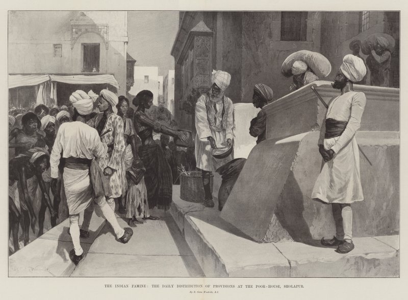 Die indische Hungersnot, die tägliche Verteilung von Lebensmitteln im Armenhaus, Sholapur von Richard Caton Woodville junior