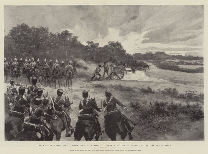 Die Militärmanöver in Sussex, die 3. Husaren erobern eine Batterie der Pferdeartillerie auf Burton Down von Richard Caton Woodville junior