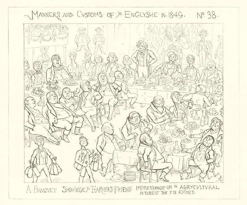 1849, Ein Bankett, das den Bauernfreund zeigt, der das landwirtschaftliche Interesse als ruiniert darstellt von Richard Doyle