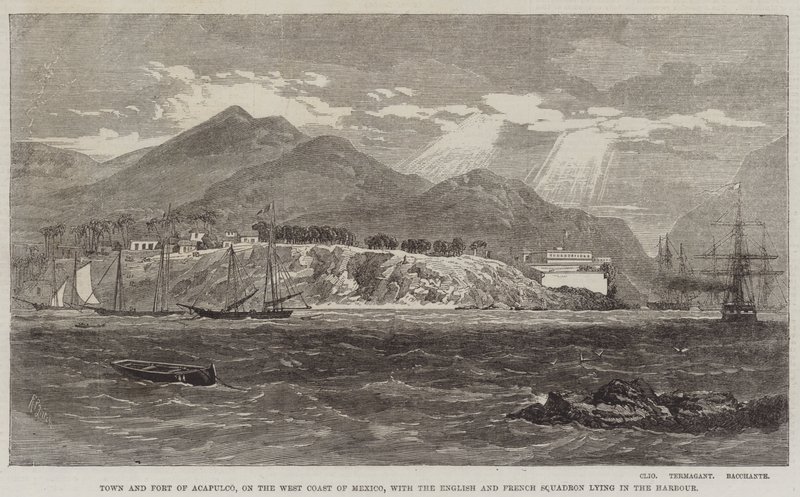 Stadt und Festung von Acapulco an der Westküste Mexikos, mit der englischen und französischen Flotte im Hafen von Richard Principal Leitch