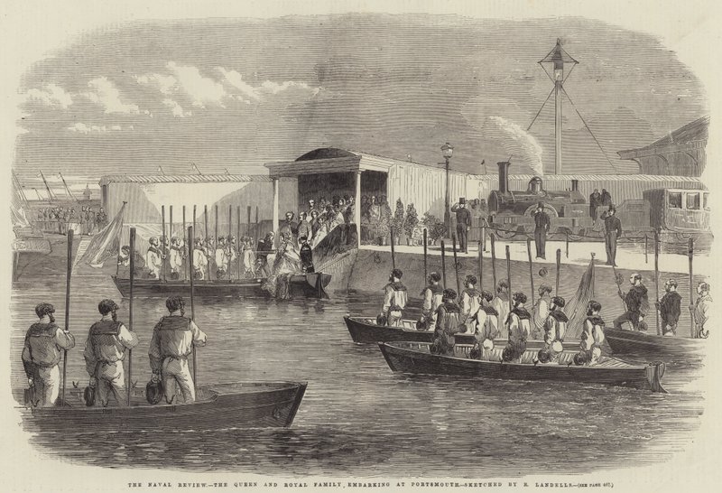 Die Marineparade, die Königin und die königliche Familie gehen in Portsmouth an Bord von Robert Thomas Landells