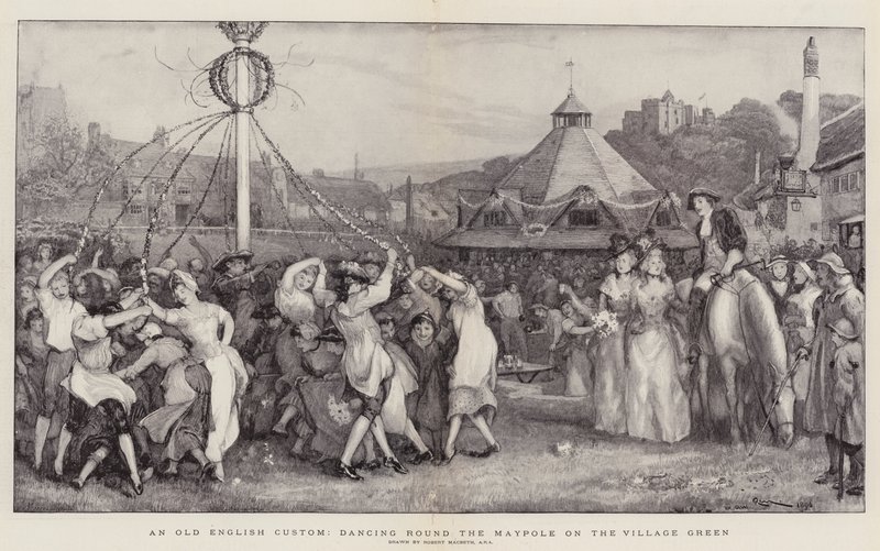 Ein alter englischer Brauch, Tanz um den Maibaum auf dem Dorfplatz von Robert Walker Macbeth