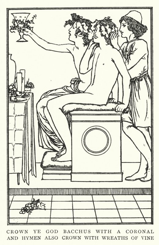 Krönt den Gott Bacchus mit einem Kranz und Hymen auch mit Weinreben von Robert Anning Bell