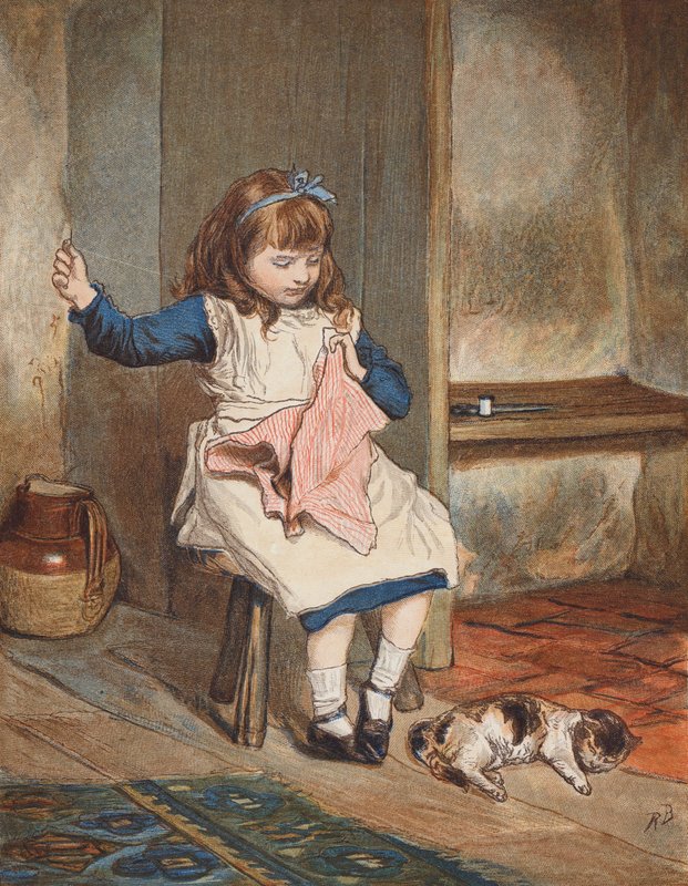 Mädchen näht mit Katze zu ihren Füßen von Robert Barnes