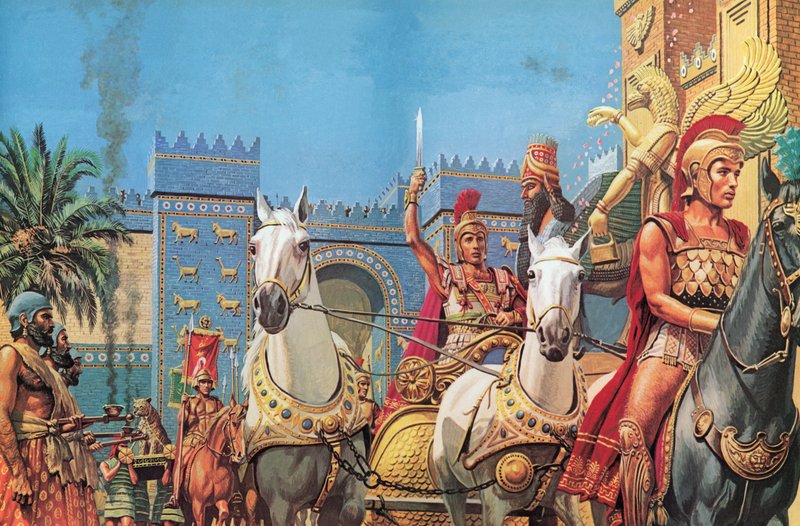 Alexander der Große, in seinem Triumphwagen nach Babylon getragen von Roger Payne