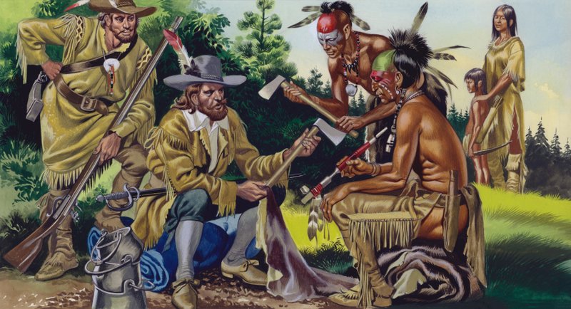Die Franzosen in Kanada, Pelzhandel mit den einheimischen Indianern von Ron Embleton