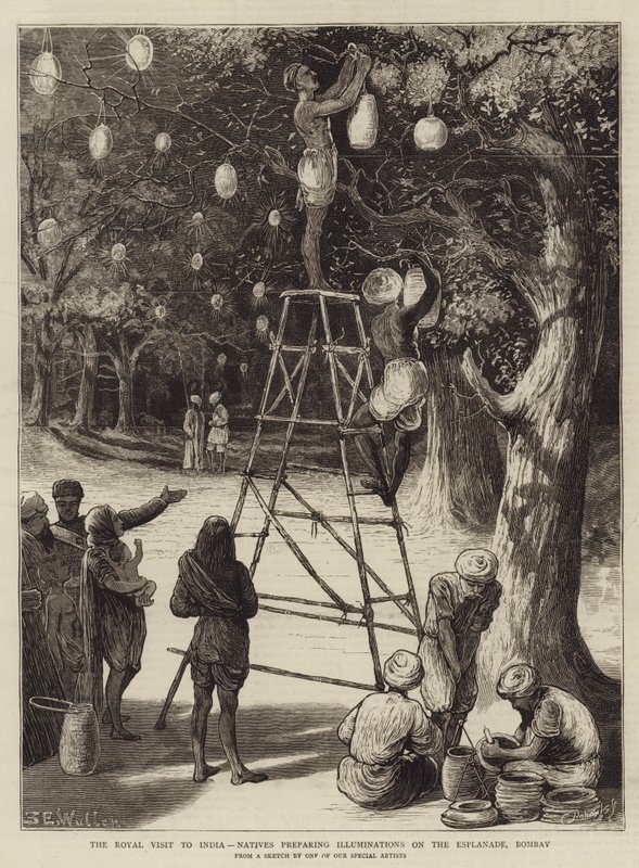Der königliche Besuch in Indien, Einheimische bereiten Beleuchtungen auf der Esplanade in Bombay vor von Samuel Edmund Waller