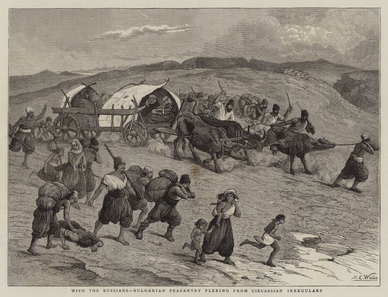 Mit den Russen, bulgarische Bauern fliehen vor tscherkessischen Irregulären von Samuel Edmund Waller