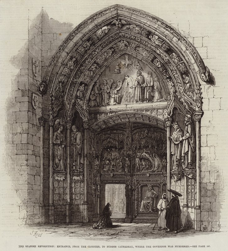 Die spanische Revolution, Eingang vom Kreuzgang zur Kathedrale von Burgos, wo der Gouverneur ermordet wurde von Samuel Read