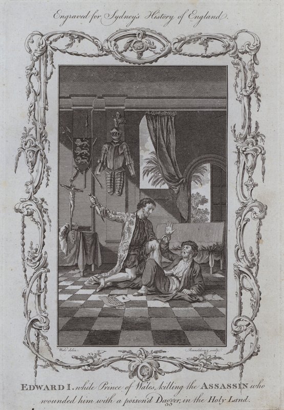 Edward I., als Prinz von Wales, tötet den Attentäter, der ihn mit einem vergifteten Dolch verwundete, im Heiligen Land (Stich) von Samuel (after) Wale