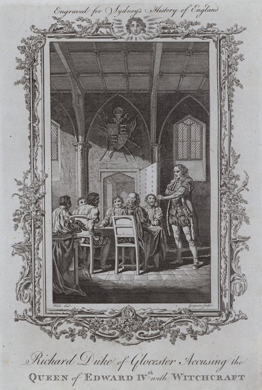 Richard, Herzog von Gloucester, beschuldigt die Königin von Eduard IV. der Hexerei (Gravur) von Samuel (after) Wale