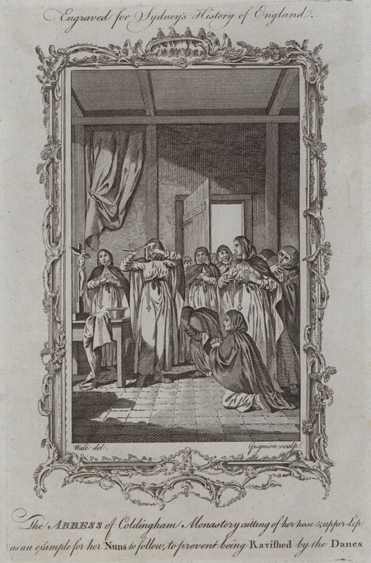 Die Äbtissin des Klosters Coldingham schneidet sich Nase und Oberlippe ab, um ihren Nonnen ein Beispiel zu geben, um eine Vergewaltigung durch die Dänen zu verhindern (Gravur) von Samuel (after) Wale