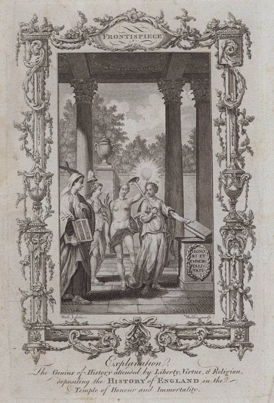Der Genius der Geschichte begleitet von Freiheit, Tugend und Religion, die die Geschichte Englands im Tempel der Ehre und Unsterblichkeit ablegen (Gravur) von Samuel (after) Wale
