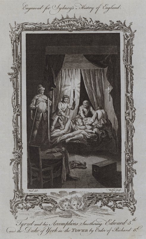 Tyrrel und seine Komplizen ersticken Edward V. und den Herzog von York im Tower auf Befehl von Richard III. (Stich) von Samuel (after) Wale