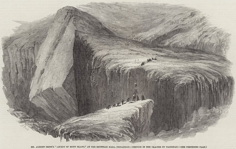 Mr. Albert Smiths Besteigung des Mont Blanc, in der Egyptian Hall, Piccadilly, Spalte im Gletscher du Tacconay von Samuel Read