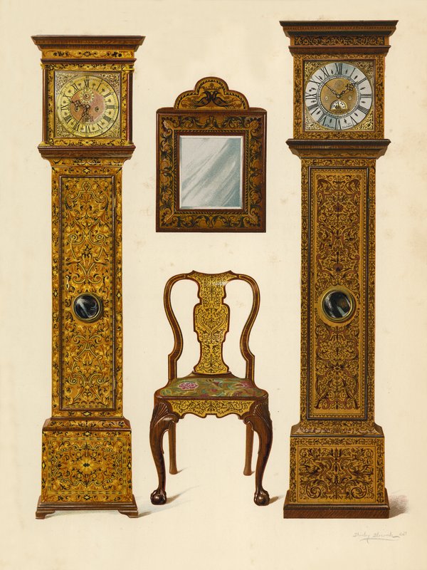 Uhr mit heller Marketerie eingelegt, Eigentum von Percy Macquoid; Uhr mit dunkler Marketerie eingelegt, Victoria and Albert Museum; Walnussstuhl mit Marketerie eingelegt; Spiegel (Chromolithographie) von Shirley Charles Llewellyn Slocombe