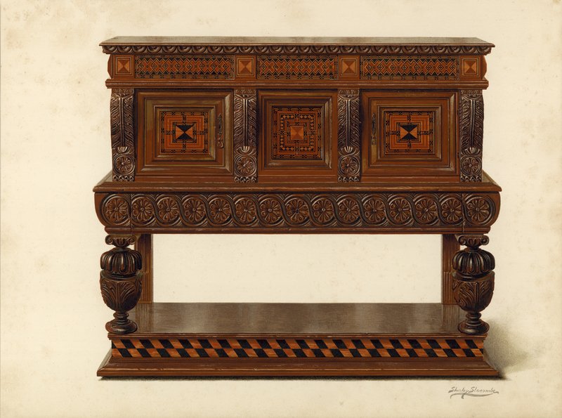 Walnuss- und Eichenbuffet, Eigentum von Percy Macquoid (Chromolithographie) von Shirley Charles Llewellyn Slocombe