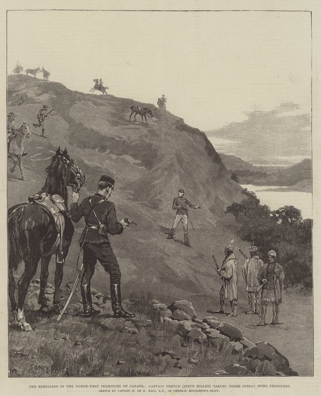 Die Rebellion im Nordwest-Territorium von Kanada, Captain French (später getötet) nimmt drei indianische Spione gefangen von Sidney Paget