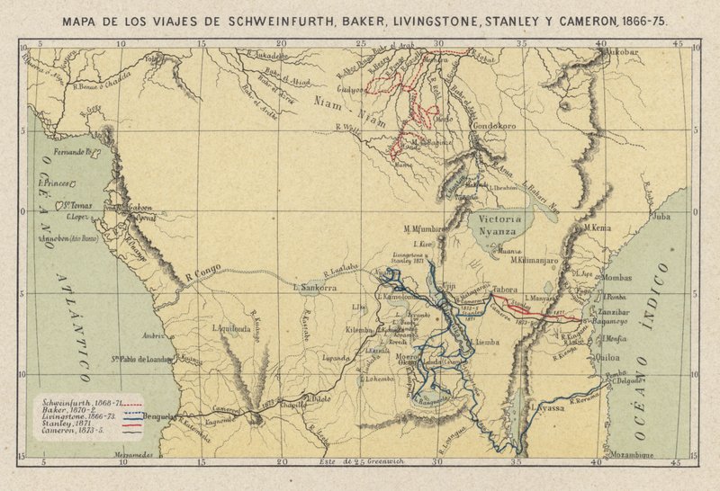 Karte mit den Reisen der Entdecker Georg August Schweinfurth, Samuel Baker, David Livingstone, Henry Morton Stanley und Verney Lovett Cameron in Afrika von Spanish School
