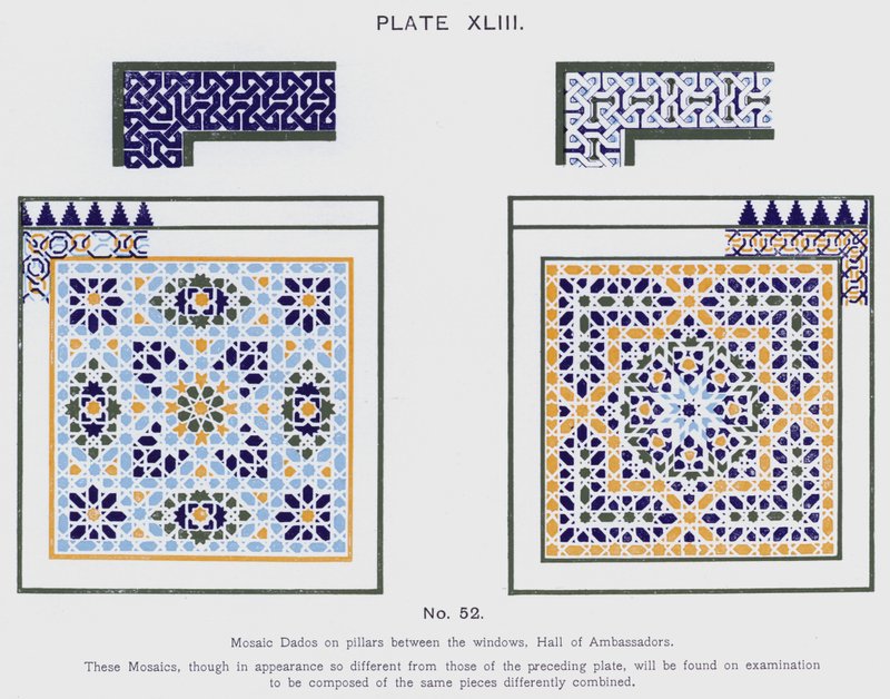 Mosaik-Dados an Säulen zwischen den Fenstern, Halle der Botschafter (Farblithografie) von Spanish School