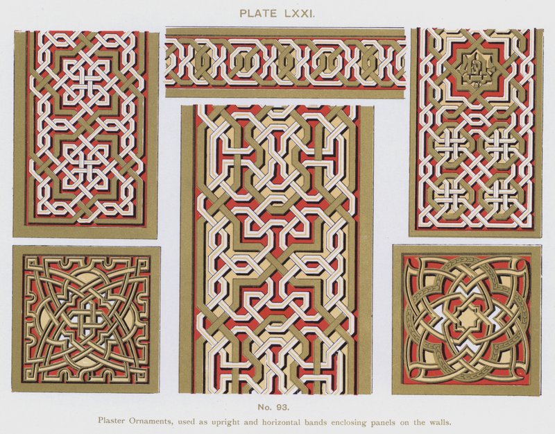 Stuck-Ornamente, verwendet als vertikale und horizontale Bänder, die Paneele an den Wänden umschließen (Farblitho) von Spanish School