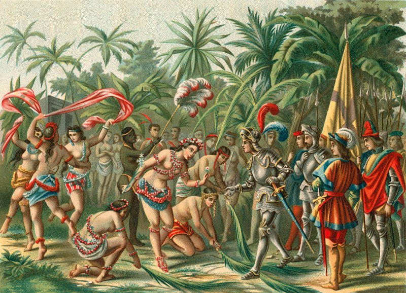 Empfang von Anacaona, genannt die Goldene Blume, auf Hispaniola für Bartholomew Columbus und Hermano del Almirante von Spanish School