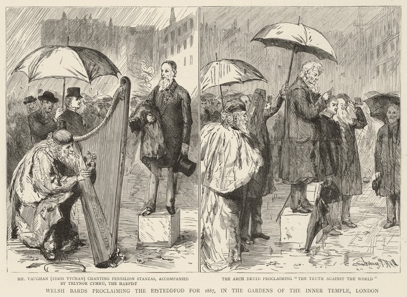 Walisische Barden verkünden das Eisteddfod für 1887, in den Gärten des Inner Temple, London von Sydney Prior Hall