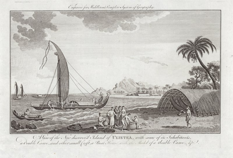 Ansicht der neu entdeckten Insel Ulieta mit einigen der Einwohner von Sydney Parkinson