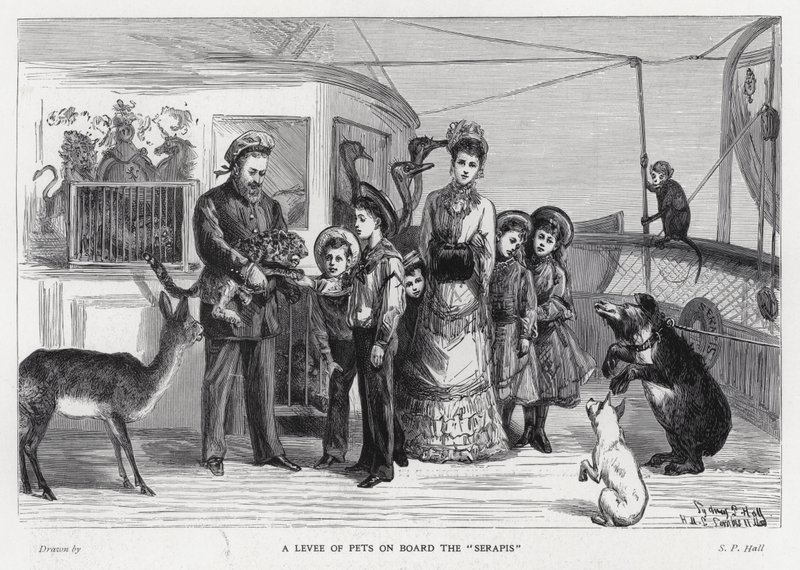 König Edward VII. mit gefangenen Wildtieren an Bord des Truppenschiffs Serapis auf seinem Besuch in Indien von Sydney Prior (after) Hall