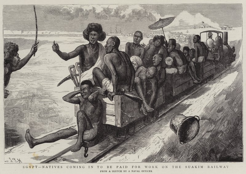 Ägypten, Einheimische kommen, um für die Arbeit an der Suakim-Eisenbahn bezahlt zu werden von Sydney Prior Hall