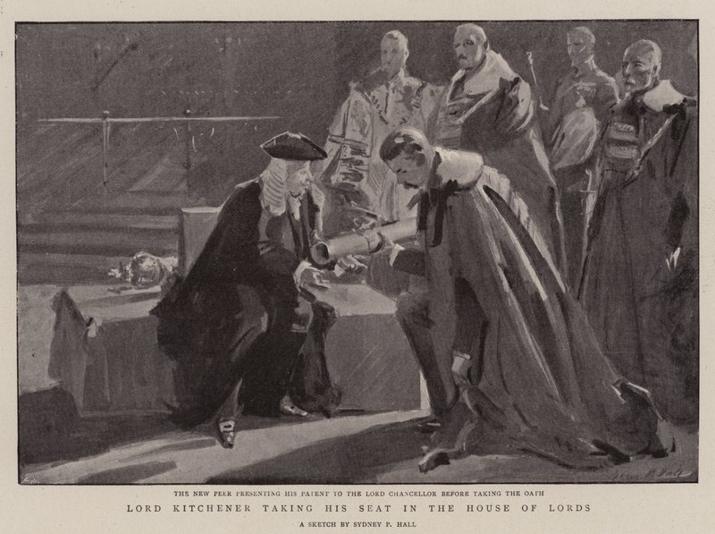 Lord Kitchener nimmt seinen Platz im House of Lords ein von Sydney Prior Hall