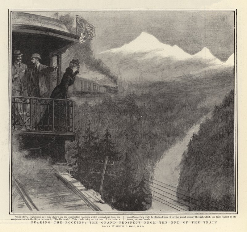 Nähern der Rockies, der große Ausblick vom Ende des Zuges von Sydney Prior Hall