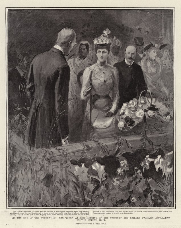 Am Vorabend der Krönung, die Königin bei der Versammlung der Soldaten- und Matrosenfamilienvereinigung in der Queen