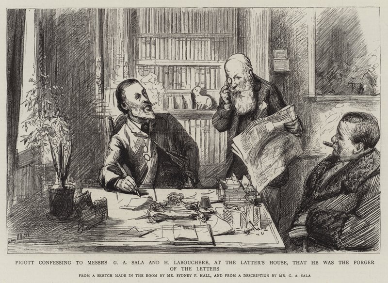 Pigott gesteht Messers G A Sala und H Labouchere, im Haus des Letzteren, dass er der Fälscher der Briefe war von Sydney Prior Hall
