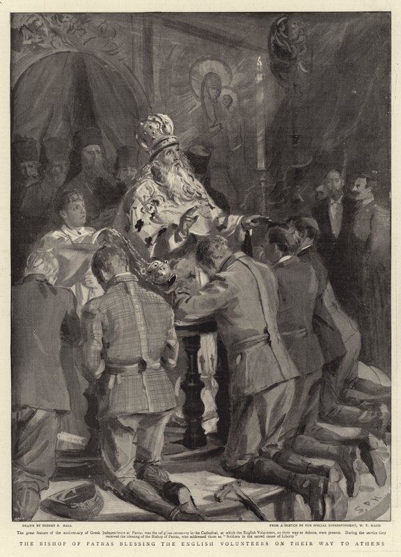 Der Bischof von Patras segnet die englischen Freiwilligen auf ihrem Weg nach Athen von Sydney Prior Hall