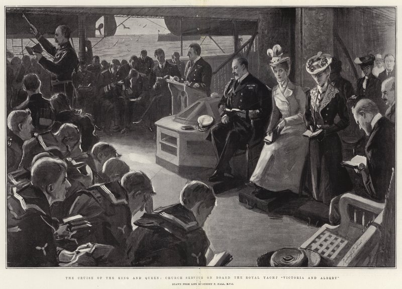 Die Kreuzfahrt des Königs und der Königin, Gottesdienst an Bord der königlichen Yacht Victoria und Albert von Sydney Prior Hall