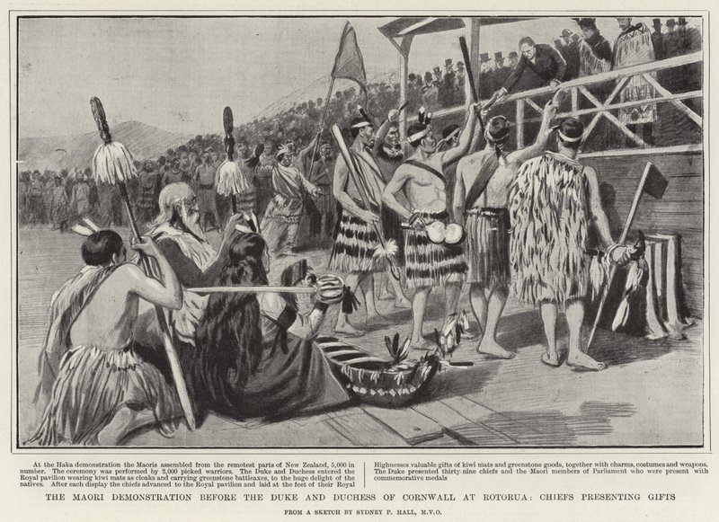 Die Maori-Demonstration vor dem Herzog und der Herzogin von Cornwall in Rotorua, Häuptlinge präsentieren Geschenke von Sydney Prior Hall