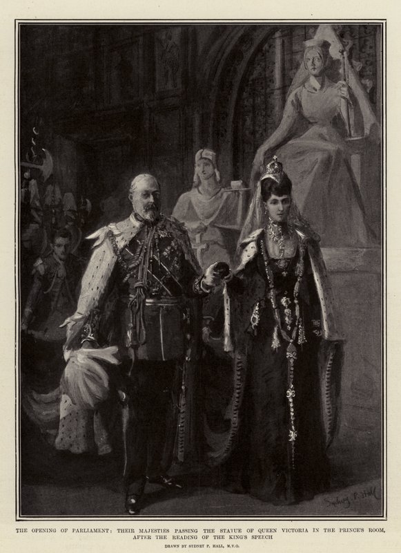 Die Eröffnung des Parlaments, Ihre Majestäten passieren die Statue von Königin Victoria im Prinzenzimmer nach der Verlesung der Königlichen Rede von Sydney Prior Hall
