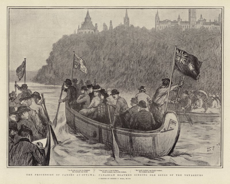 Die Prozession der Kanus in Ottawa, kanadische Bootsleute singen alte Lieder der Voyageurs von Sydney Prior Hall