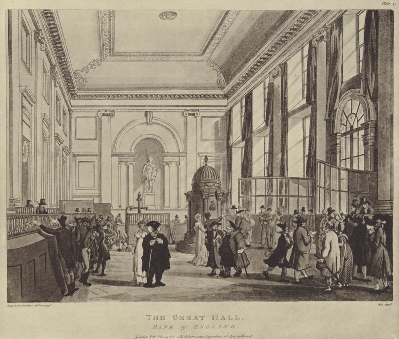 Die Auszahlungshalle, Bank of England, 1808 von T. and Pugin Rowlandson