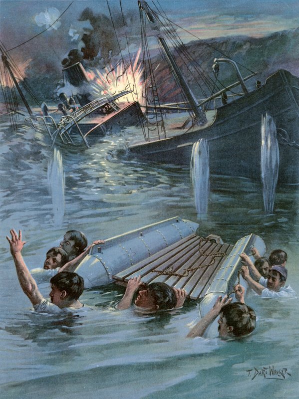 Der heldenhafte Einsatz von Hilfs-Navy-Konstrukteur Hobson beim Sprengen des Kohlenfrachters Merrimac am Eingang zum Hafen von Santiago von T. Dart Walker