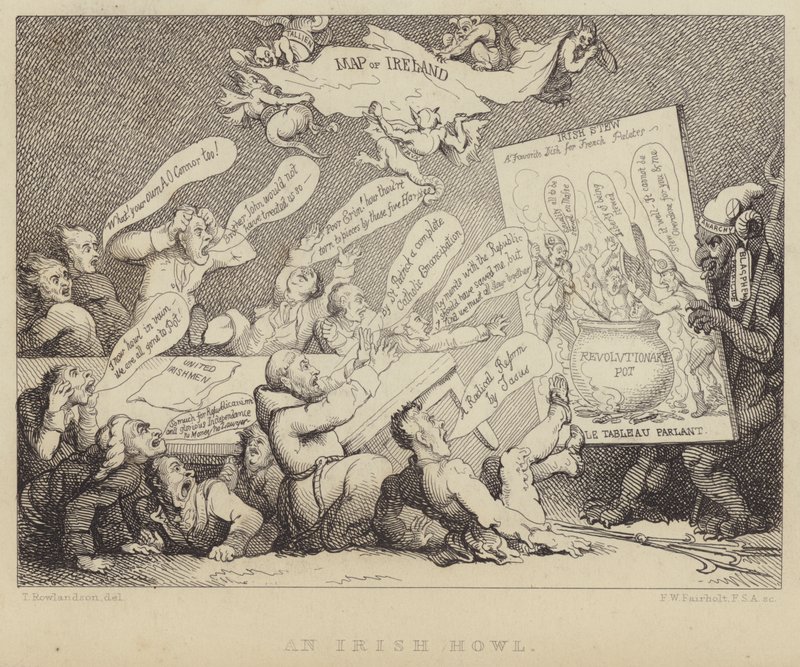 Ein irisches Heulen: Treffen der National Convention der Vereinigten Iren, die die Schrecken des Republikanismus am Beispiel der Französischen Revolution zeigen von Thomas (after) Rowlandson
