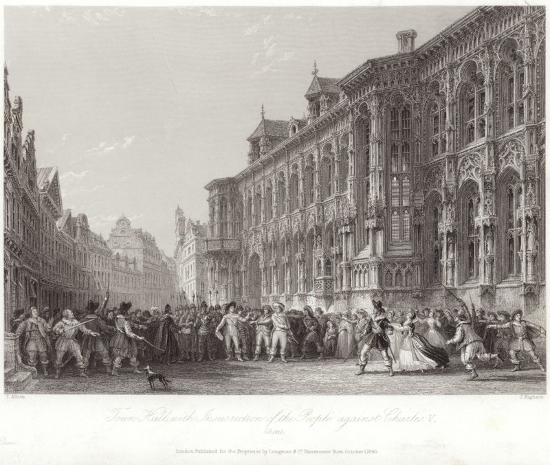 Rathaus mit Aufstand des Volkes gegen Karl V. von Thomas Allom
