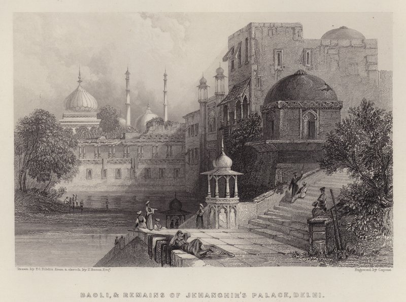 Baoli und Überreste von Jehanghirs Palast, Delhi von Thomas Colman (after) Dibdin