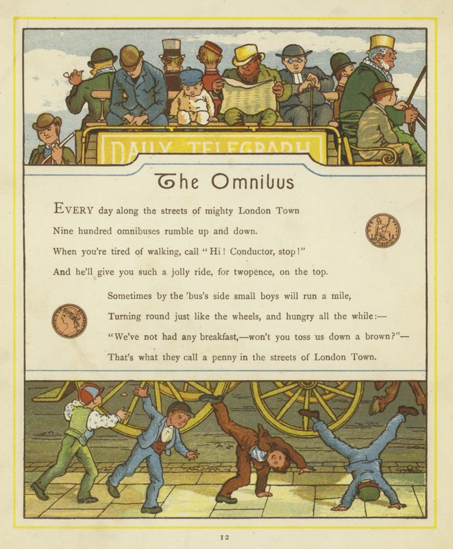 Passagiere reisen im Omnibus, während Kinder unten auf der Straße Rad schlagen von Thomas Crane