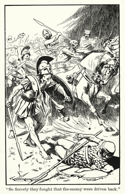 "So heftig kämpften sie, dass der Feind zurückgedrängt wurde" von Thomas Heath Robinson
