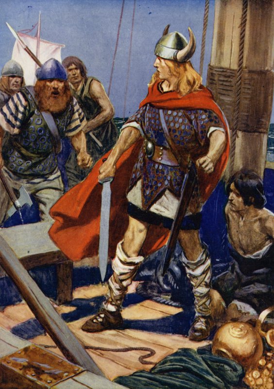 Das Ruderboot legte an, und aus ihr sprang Guldred der Wolf, mit Ulgar und einem anderen, um ihn zu stützen: Szene aus Der Sturm auf Rovan Hold von Thomas Heath Robinson