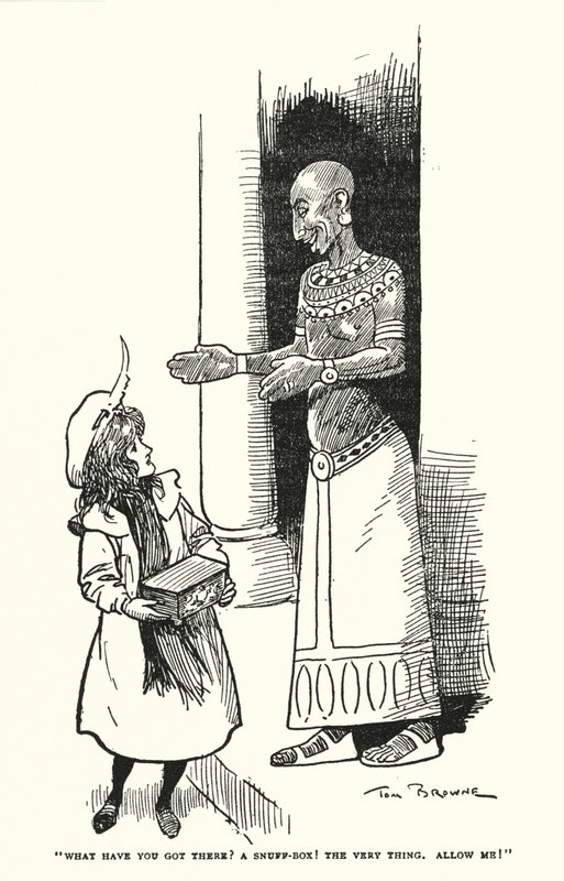 "Was hast du da? Eine Schnupftabakdose! Genau das Richtige, Erlauben Sie mir!" (Lithografie) von Tom Browne