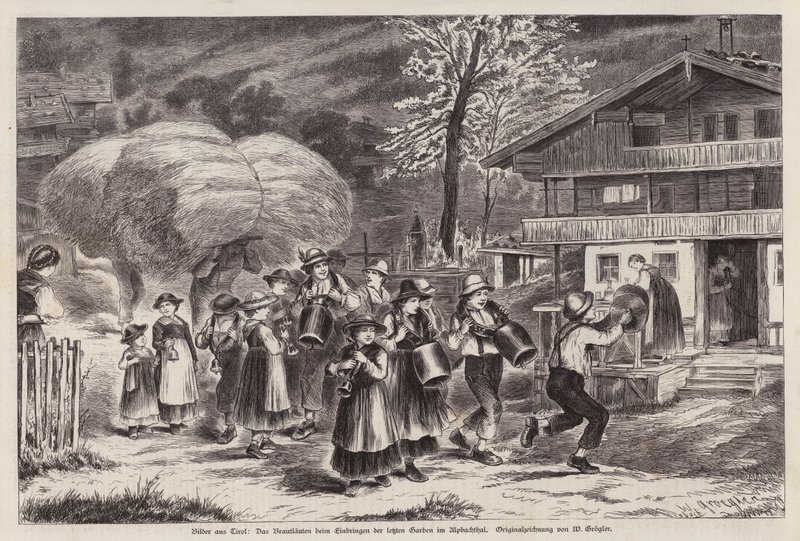 Traditionelles Läuten von Kuhglocken zur Feier des Einbringens der letzten Ernte im Alpbachtal, Tirol, Österreich (Gravur) von Unknown artist